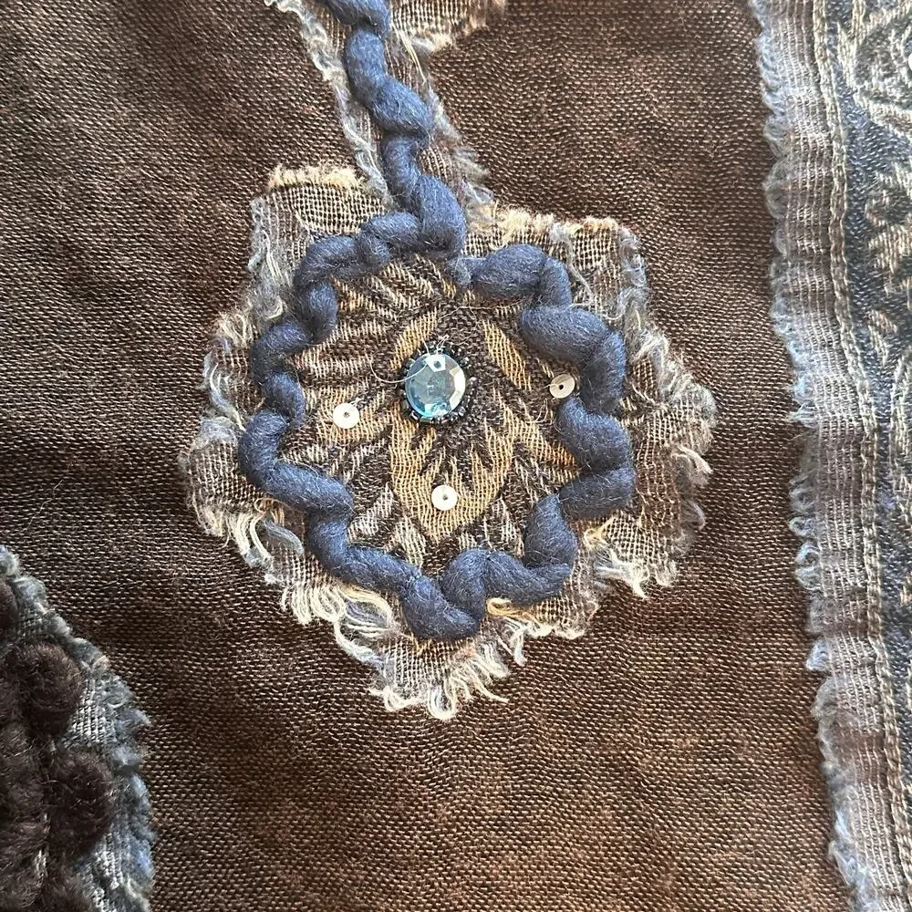 Tolani 100% Wool Scarf Brown Blue Embroidered Sequins Paisley Fringe Oversized
